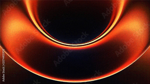 Abstract digital background with a glowing orange and yellow curved wave pattern, dynamic particle flow, and intricate moir effect on a black backdrop