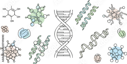 Modern Biochemical Research Displaying DNA Double Helix and Molecular Bonding in a Minimalist Professional Outline Style on White Background