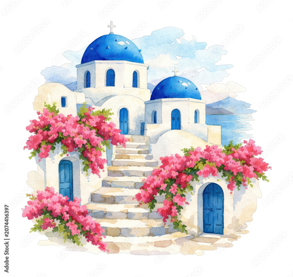 Obraz premium PNG Charming Greek island watercolor illustration.