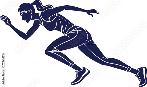 Konstfotografi Silhouette of a female runner in motion a dark blue graphic representation athle