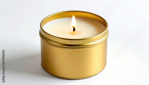 Golden tin candle with a bright, dancing flame on a white background