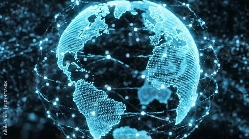 Digital glowing globe with global network data connections.