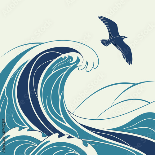 Tableau sur toile Bird flying over a large wave in the ocean with illustration watercolor backgrou