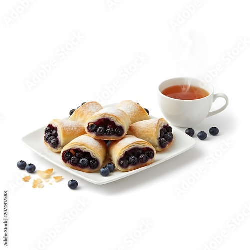 Assorted puff pastries with berry filling served with hot tea. Traditional sweet breakfast concept featuring homemade baked goods and fresh ingredients.