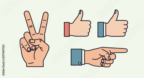 Set of hand gestures showing victory sign thumbs up and pointing finger icons.