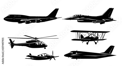 Set of black silhouettes of various aircraft including jets helicopters and propeller planes.