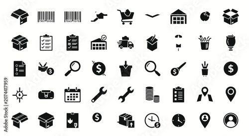 Set of black logistics and business icons for web and mobile applications.