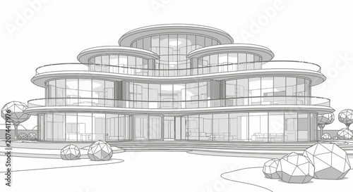 Architectural sketch of a modern luxury villa with curved glass facade and geometric landscaping.