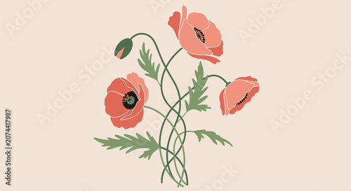 Minimalist hand drawn illustration of a bouquet of red poppy flowers on a beige background.