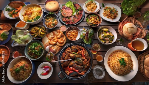 communal potluck gathering featuring dishes from around the world