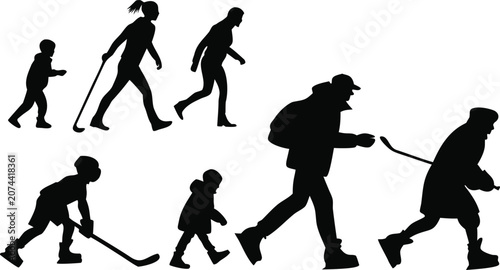 Schilderij op canvas Human silhouettes depicting various ages engaged in winter sports against a whit