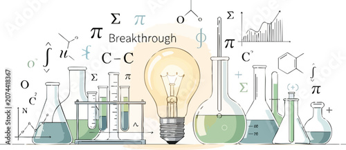 Modern Scientific Discovery Scene With Incandescent Lightbulb Symbolizing Breakthrough Surrounded by Laboratory Glassware and Mathematical Symbols on White Background