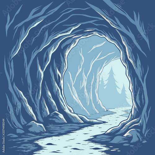 Bild auf Leinwand Illustration of a cave entrance with a river flowing through it entrance undergr