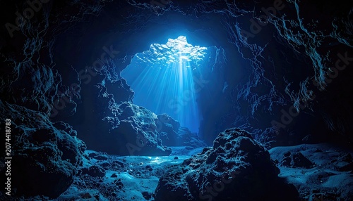 Sunbeams pierce dark underwater cave, illuminating ocean floor with blue light