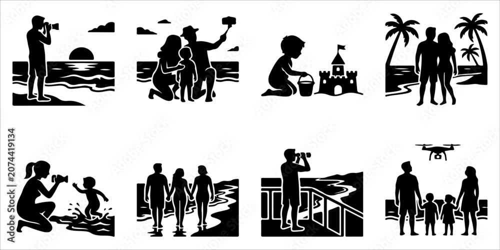 Fototapeta premium Black silhouette icons of people enjoying summer beach activities family vacation and photography.