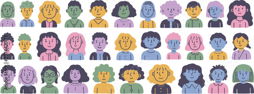 Pattern of diverse colorful cartoon avatar icons of various people faces with diversity collection character community colorful illustration background