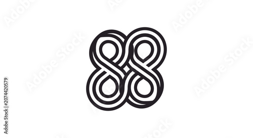 Abstract geometric symbol featuring interlocking loops and continuous lines on a white background.