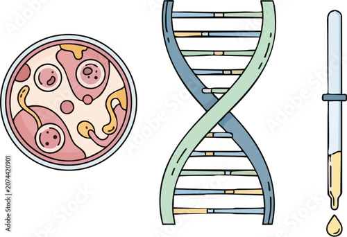 Professional Molecular Biology Icons Set With Double Helix DNA Strand Petri Dish and Lab Pipette on White Background