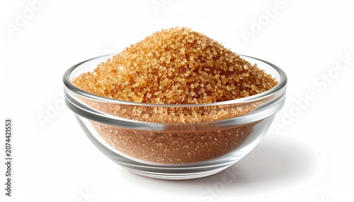A glass bowl overflows with granular brown sugar, isolated on white