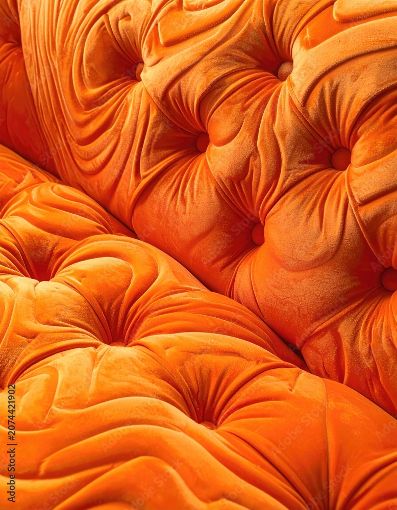 Fototapeta premium Rich orange velvet upholstery with deep tufting and swirling fabric texture