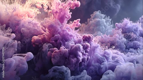 Abstract background of vibrant purple smoke swirling in dark space. The thick, atmospheric clouds of vapor create a mystical and ethereal effect, with soft lighting and subtle part with copy space