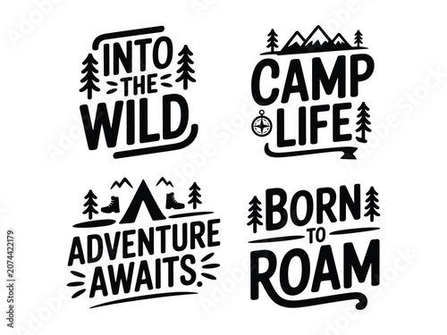 Fotografie Camping and adventure typography with illustrations of trees and mountains on wh