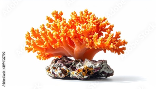 Vibrant orange branching coral rests on textured rock, studio isolated