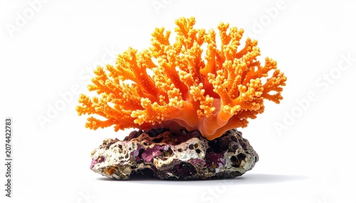 Intricate branching orange coral atop a textured, multi-colored stone