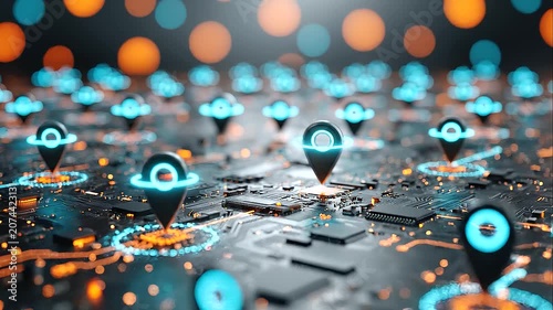Futuristic digital map with glowing blue location pin icons hovering over a dark, high-tech circuit board surface. Abstract 3D visualization of geolocation, GPS navigation with copy space