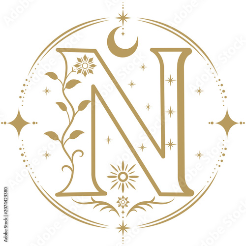 Gold Celestial Letter N Monogram With Moon and Stars