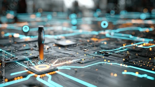 Futuristic digital map with glowing blue location pin icons hovering over a dark, high-tech circuit board surface. Abstract 3D visualization of geolocation, GPS navigation, with copy space
