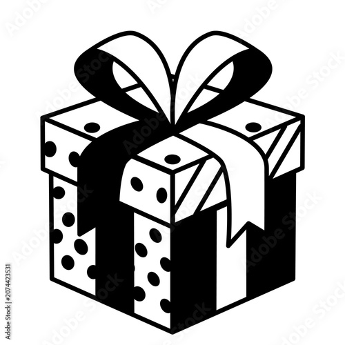 A clean and modern vector illustration of a stylized gift box adorned with a classic polka dot pattern. Features bold black outlines and elegant symmetry on a solid white background.