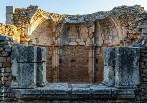 Crumbling ancient stone basilica structure foundation walls showing erosion and decay in an archeological site under bright daylight, historic, foundation, temple