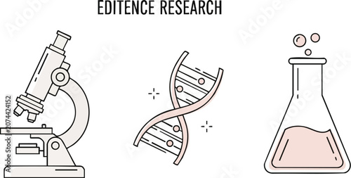 Professional Scientific Research Laboratory Icons Including DNA Helix Microscope and Erlenmeyer Flask With Thin Line Graphics
