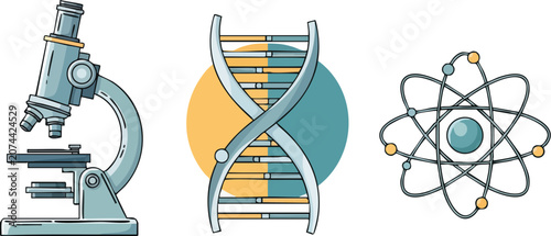 Professional Scientific Research Symbols Displaying DNA Strand Microscope and Atom for Laboratory Experiments and Medical Studies