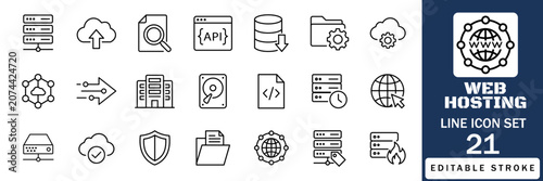 Foto Web Hosting Line Icon Set with Server, Cloud, API, Database, Security, Network, Backup, Storage and Web Development Editable Stroke