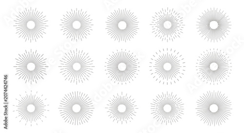 Set of fifteen different circular sunburst and radial line design elements.