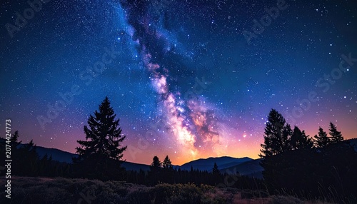 Vast galaxy spills across dark sky above silhouetted forest and mountains