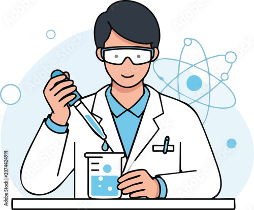 Professional Scientist Character Using Pipette and Beaker Conducting Chemistry Research in Minimalist Clean Linear Style