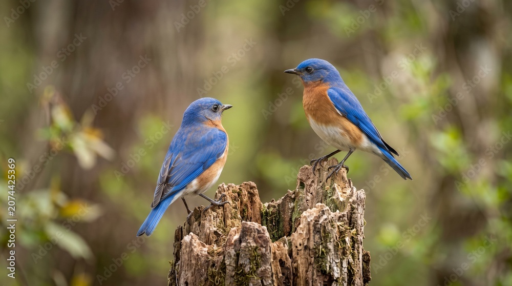 Obraz premium Two male bluebirds on perch 