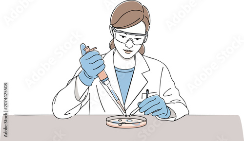 Professional Scientist Using Pipette and Petri Dish for Laboratory Research in Clean Modern Minimalist Linear Style Art