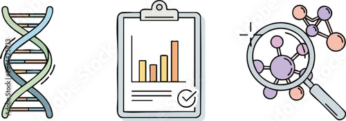 Research Data Icon Set With DNA Double Helix Clipboard Graph and Magnifying Glass Over Molecule on White Background