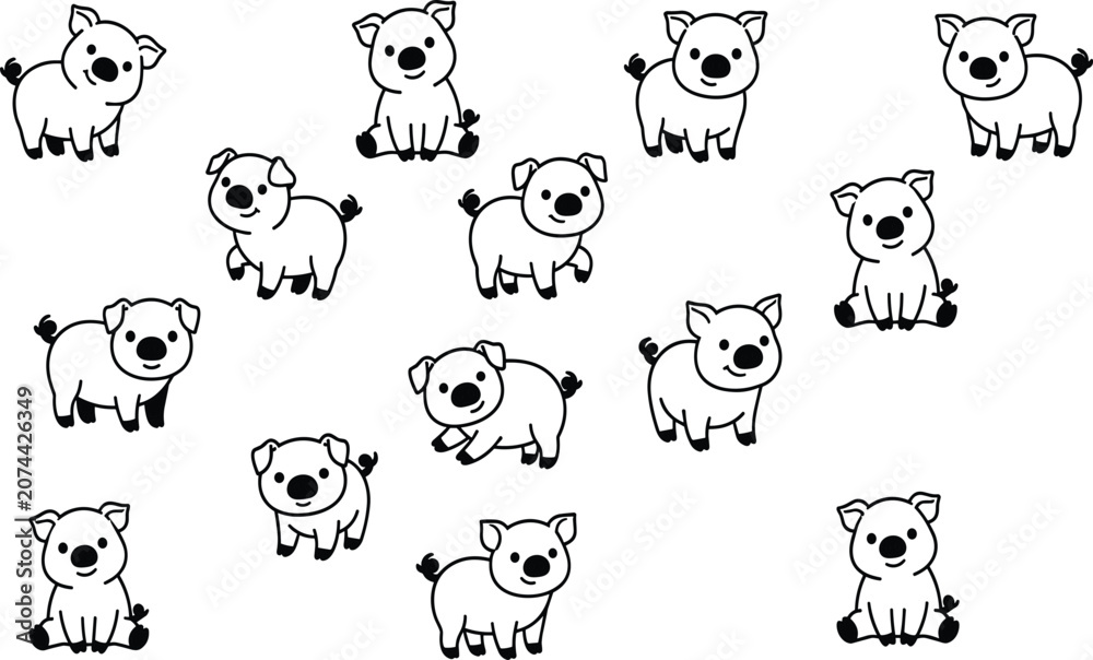 Obraz premium Pattern with Cute Minimalist Pig Characters in Playful Poses Featuring Flat Design Vector Illustration for Children's Products and Fabric Backgrounds