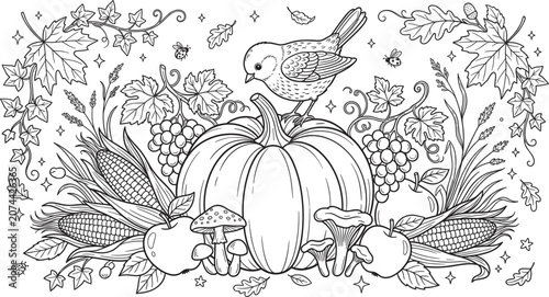 Canvas-taulu Autumn harvest thanksgiving outline vector illustration with bird sitting on pum