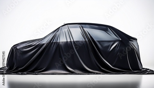 a dark fabric car cover conceals a vehicle s shape suggesting anticipation or protection isolated on white background