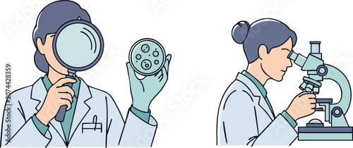 Scientist Icon Set Featuring Researchers Examining Petri Dishes and Using Microscopes in Minimalist Clean Line Art Style