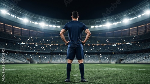 Back View of Professional Football Player Standing in Stadium at Night