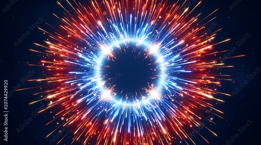 Fototapeta premium Abstract cosmic explosion with glowing blue ring and red light particles