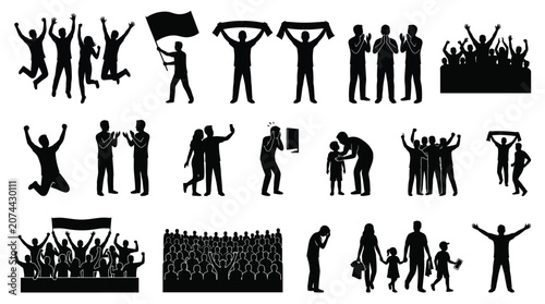 Various people silhouettes depicting celebration, sports, crowd, and daily life scenes