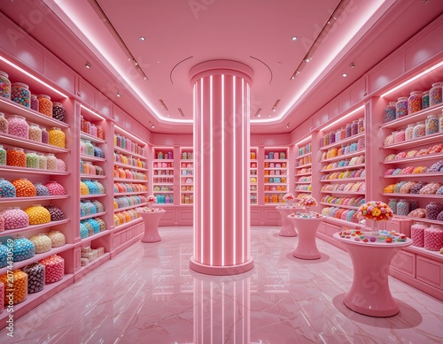 Whimsical Pink Candy Store Interior Filled with Colorful Jars of Sweets and Treats